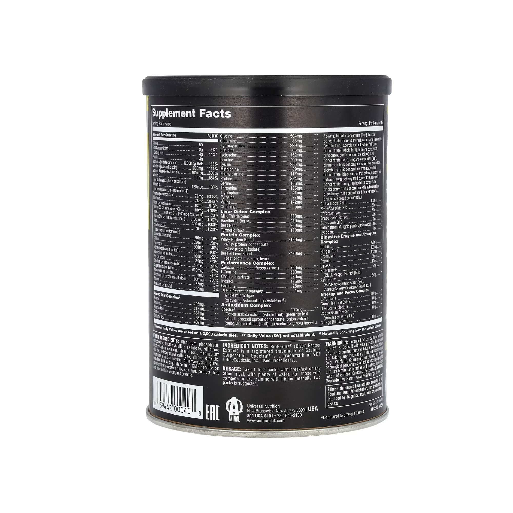 Animal Pak Multivitamin 30 Paket Besin Değerleri - Supplement Facts İçerik Tablosu
