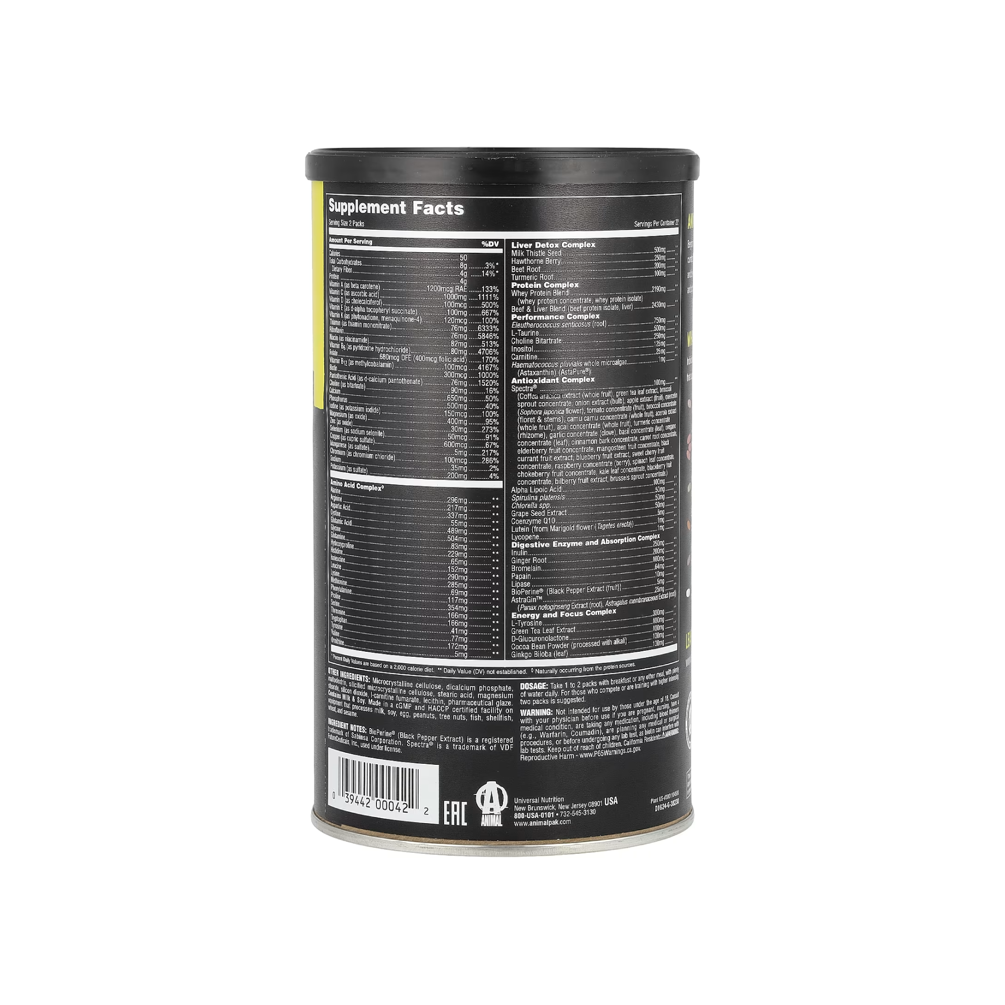 Animal Pak Multivitamin Besin Değerleri - 44 Paket Supplement Facts İçerik Tablosu