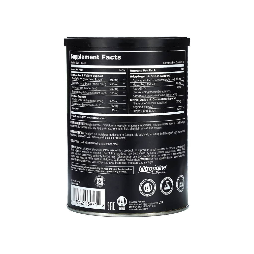 Animal TNT+ Supplement Facts Arka Yüz - Testofen Nitrosigine İçerik Tablosu