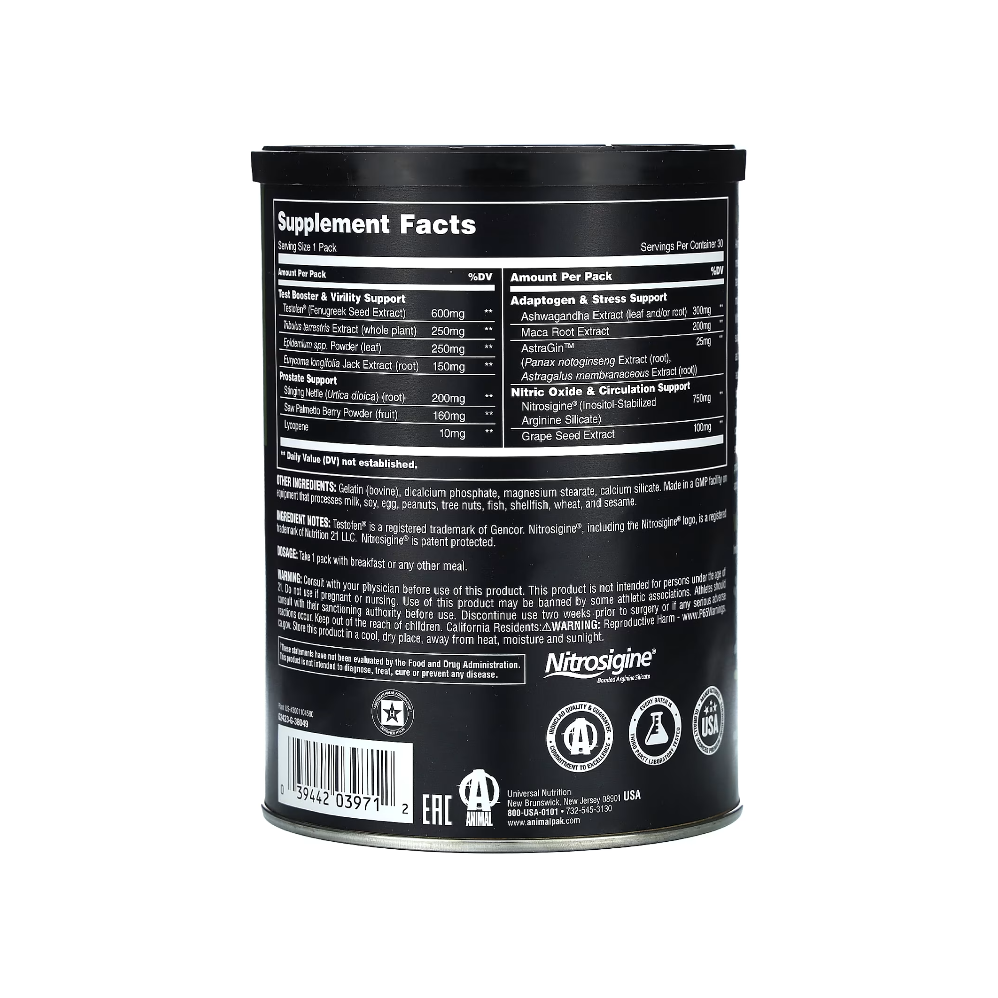 Animal TNT+ Supplement Facts Arka Yüz - Testofen Nitrosigine İçerik Tablosu
